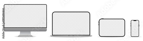 Set of compute, laptop, tablet and smartphone with empty screens