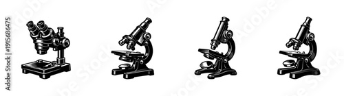 Microscope flat vector icons set. laboratory and science equipment. scientific tool collection