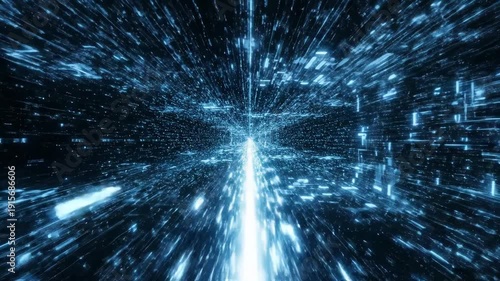 Futuristic digital tunnel with blue glowing streaks and abstract data visualization representing high speed technology and motion blur effect