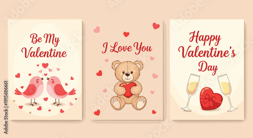 Valentine's day greeting cards featuring hearts, bears, and champagne isolated on transparent background, Vector