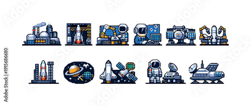 Space exploration flat icon set. Rocket, astronaut, satellite, space station collection