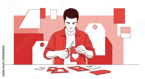 Creative Man Crafts Heart Shapes With Scissors For Handmade Gifts