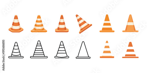 Tablou pe pânză Traffic Cone Icon Set in Flat Style, Safety Obstacle Vector Illustration Isolate