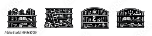 Bookshelf and library elements: flat vector icons set with books, globes, clocks