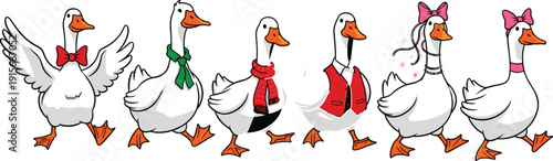 A cheerful lineup of ducks adorned in festive accessories and colorful bows. isolated on transparent background, Vector