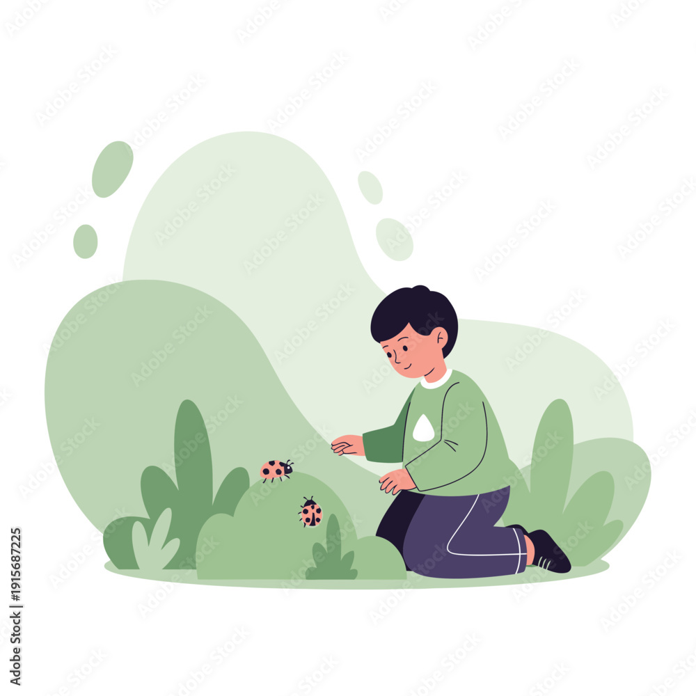 Fototapeta premium Curious Child Discovers Ladybugs in Lush Garden Setting Illustration