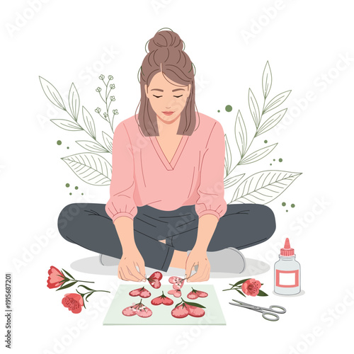 Creative Woman Engaged In Delicate Paper Crafting With Floral Elements And Tools