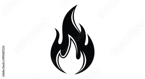 A stylized black silhouette depicts a flame showcasing its dynamic and upward reaching form with sharp edges high quality