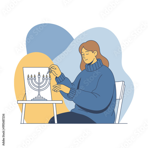 Creative Woman Illustrating a Menorah on Easel with Joyful Concentration