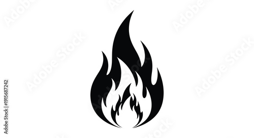 A stylized black silhouette depicts a flame showcasing dynamic curves and pointed edges against a white background