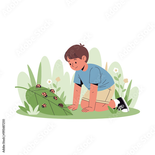 Curious Child Observes Ladybugs on a Giant Leaf in a Lush Garden