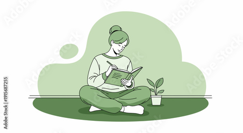 Creative Woman Journaling Thoughtfully Indoors Minimalist Style