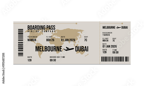 Airline boarding pass for Melbourne to Dubai flight