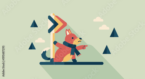 Curious Fox Pondering Directional Signage With Minimalist Geometric Elements