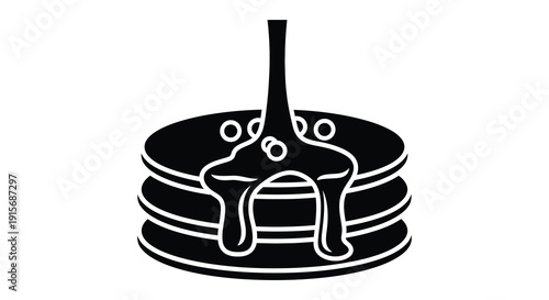 A stylized black and white illustration depicts a stack of pancakes drizzled with syrup creating a simple design high quality