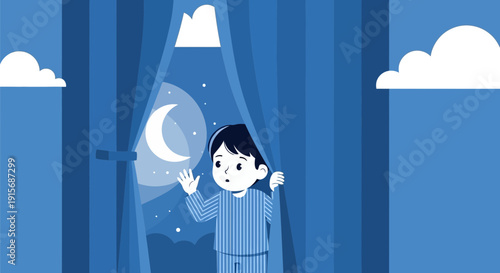 Curious Child Peeking Through Curtains At Night Sky