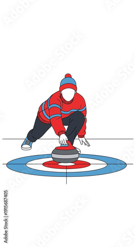Curling Athlete Pushing Stone Across Ice Sheet Winter Sport Competition