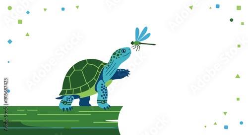 Curious Turtle Encounters Delicate Dragonfly on Vibrant Green Log