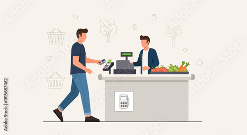 Customer Pays For Groceries With Contactless Card At Checkout Counter