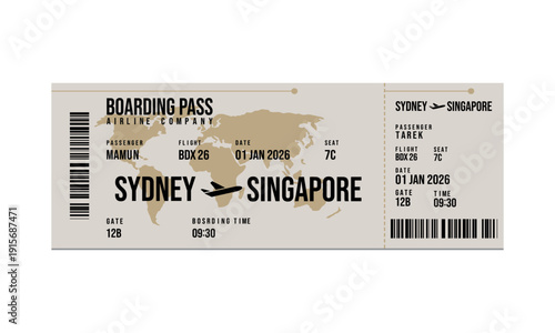 Airline boarding pass for Sydney to Singapore flight