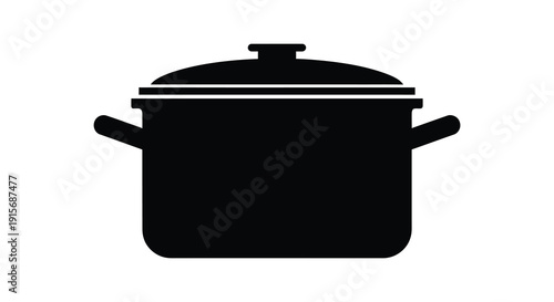 A simple black silhouette depicts a stockpot with a lid and handles representing cooking or kitchenware high quality