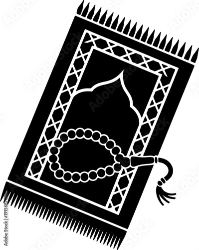 Black silhouette vector of a muslim prayer rug and tasbih for islamic branding and design