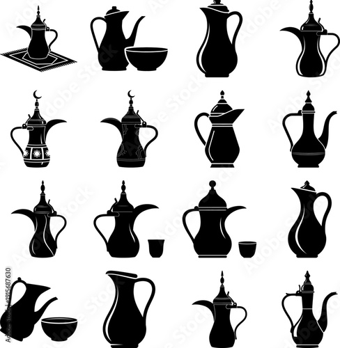Traditional arabic coffee pots and pitchers silhouette vector set for cultural branding