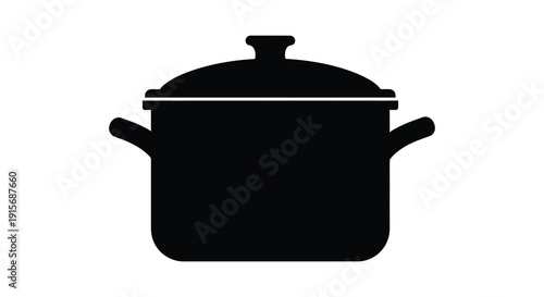 A simple black silhouette depicts a stock pot with a lid and handles commonly used for cooking