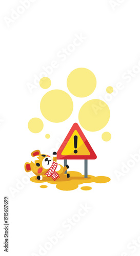 Cute Cartoon Dog With Warning Sign And Yellow Splatter