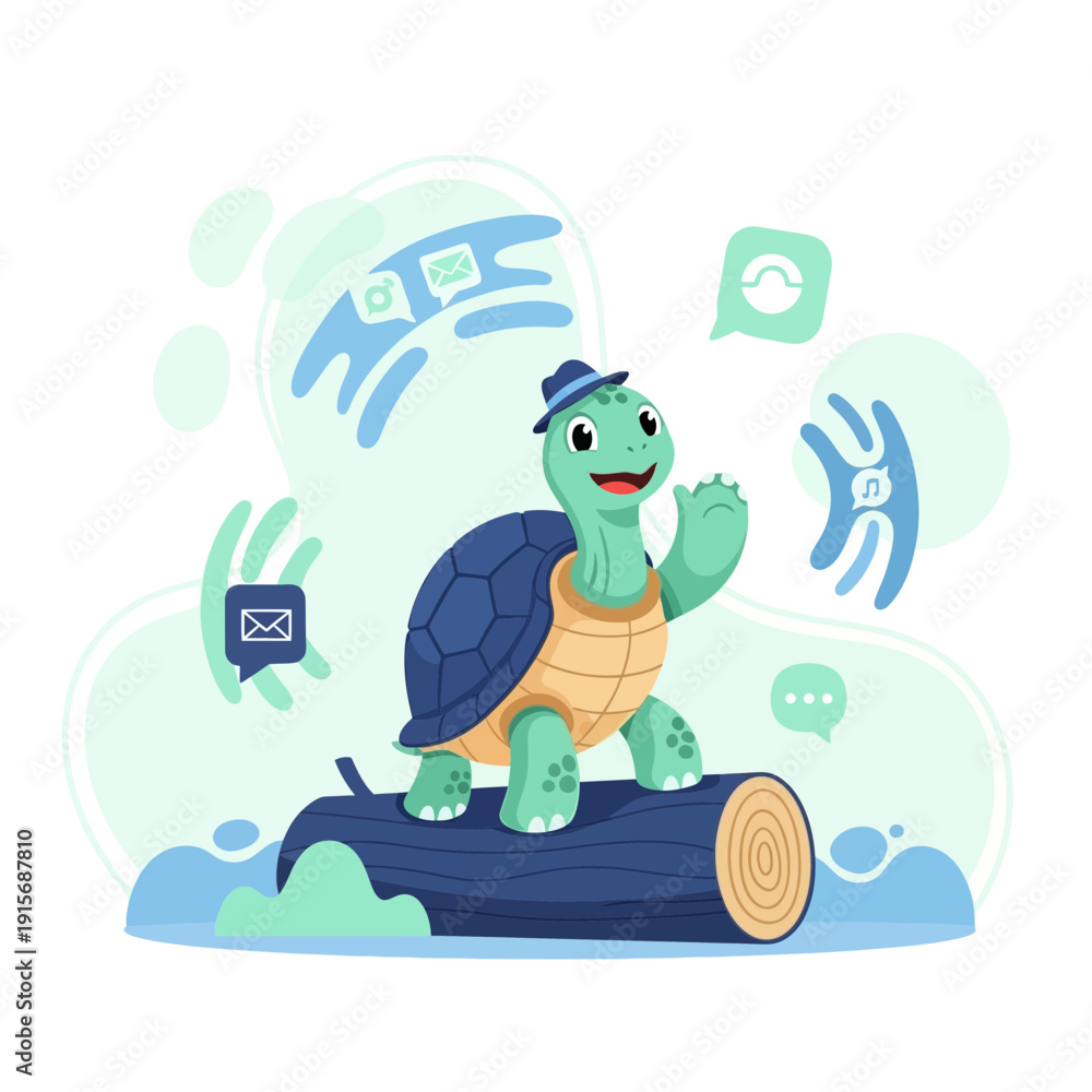 Obraz premium Cute Cartoon Turtle Character Waving With Technology Icons And Blue Wave Background