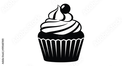 A black and white illustration depicts a single cupcake with a cherry on top showcasing its sweet detail