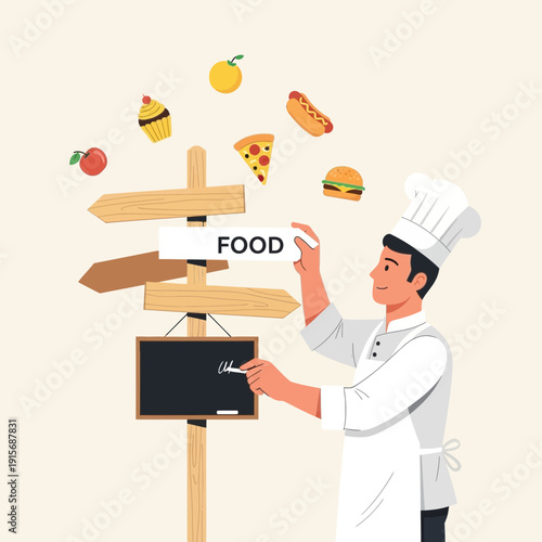 Culinary Direction Sign With Chef Illustrating Food Choices