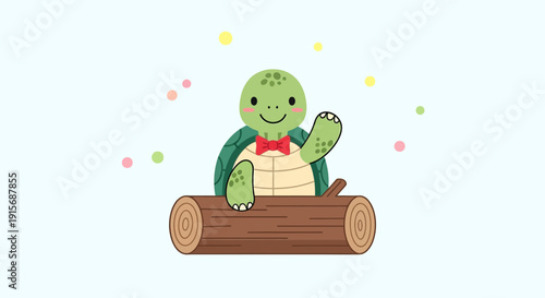 Cute Cartoon Turtle Waving Hello From A Log Adorable Reptile Character Illustration