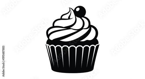 A simple black and white illustration depicts a single cupcake with a cherry on top showcasing a sweet treat