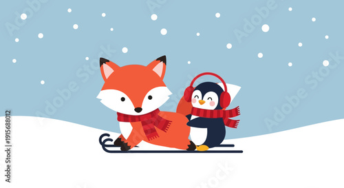 Cute Fox And Penguin Sledding In A Winter Wonderland