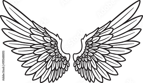 Black outline of a pair of angel wings spread wide against a white background also transparent background