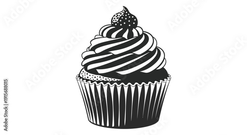A detailed black and white illustration depicts a single frosted cupcake with a decorative topping high quality professional modern elegant