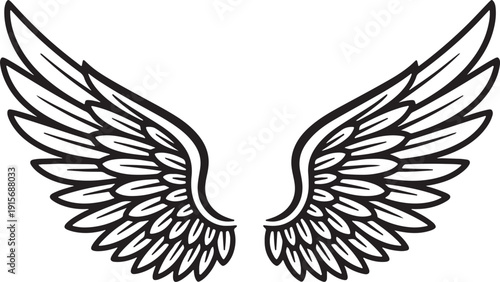 Black outline stylized angel wings spread symmetrically on a white background also transparent background