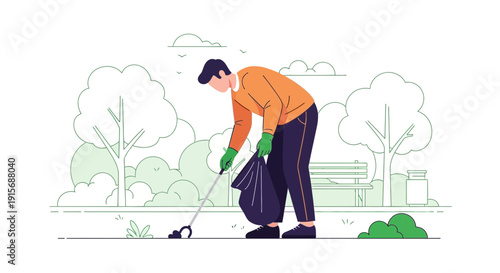 Dedicated Person Cleaning Public Park With Grabber And Bag
