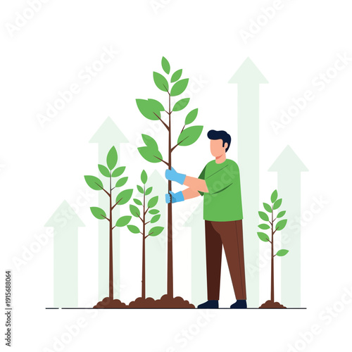 Cultivating Growth: A Person Nurturing Young Trees Amidst Upward Trends and Blossoming Futures