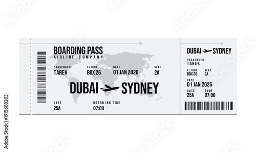 Airline boarding pass ticket for Dubai to Sydney flight