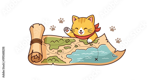 Cute Kitty Adventurer Guides Way with Treasure Map Fun