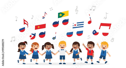 Diverse Children Celebrating Global Unity Through Music and Flags