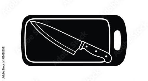 A stark black and white illustration depicts a chef s knife resting on a cutting board conveying danger high quality professional