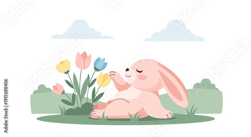 Delightful Bunny Enjoys Aromatic Tulips In A Spring Meadow Scene