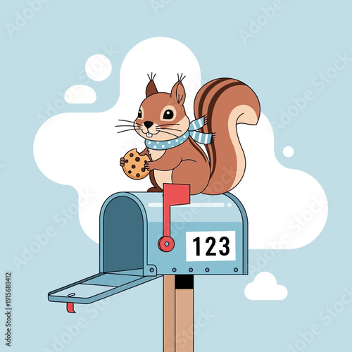 Cute Squirrel Enjoys Cookie On Mailbox Whimsical Autumn Illustration For Kids And Nature Lovers