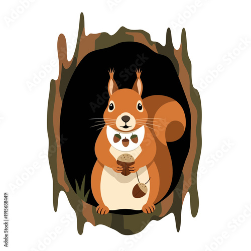 Cute Squirrel Holding Acorn Inside Tree Hollow Adorable Forest Dweller Illustration