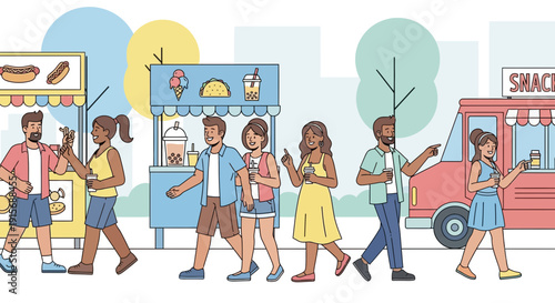 Diverse Crowd Enjoying Food Carts and Socializing in a Lively Urban Setting