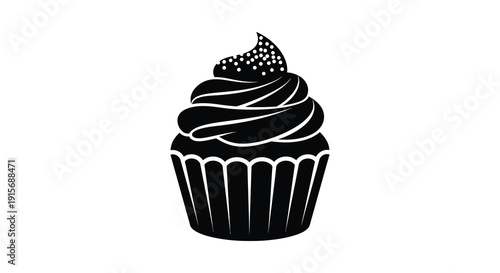 A simple black and white illustration depicts a single frosted cupcake with a decorative paper liner high quality