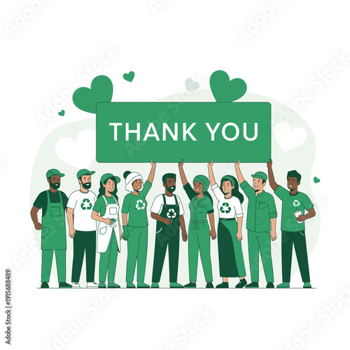 Diverse Eco-Friendly Team Expresses Gratitude With Thank You Banner